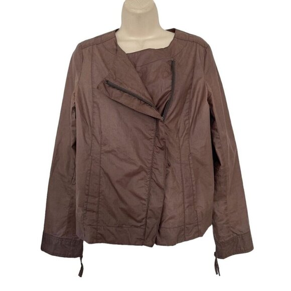 Eileen Fisher Women's Sz PM Brown Waxed Cotton Asymmetric Moto Zip Front Jacket - Picture 1 of 10